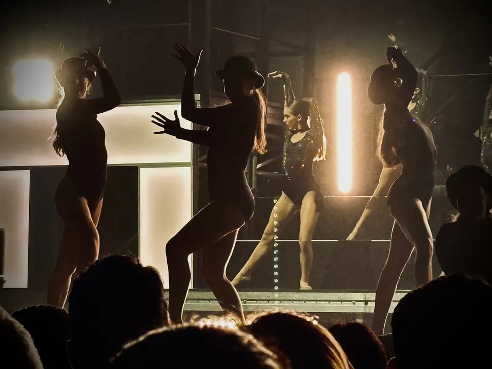Manon Maindivide dance performance in silhouette with a group of dancers against a glowing stage light