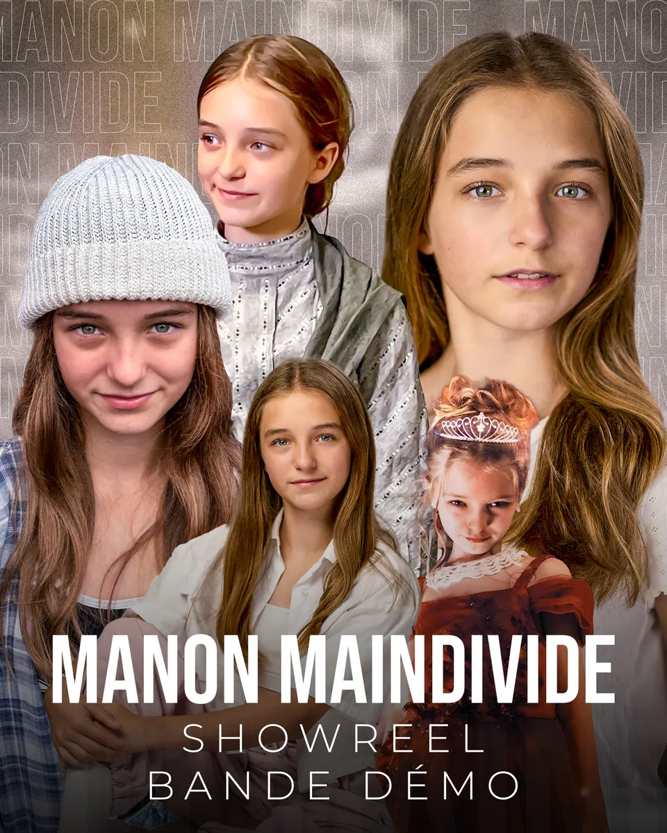 Manon Maindivide showreel cover, a collage of several looks and character portraits