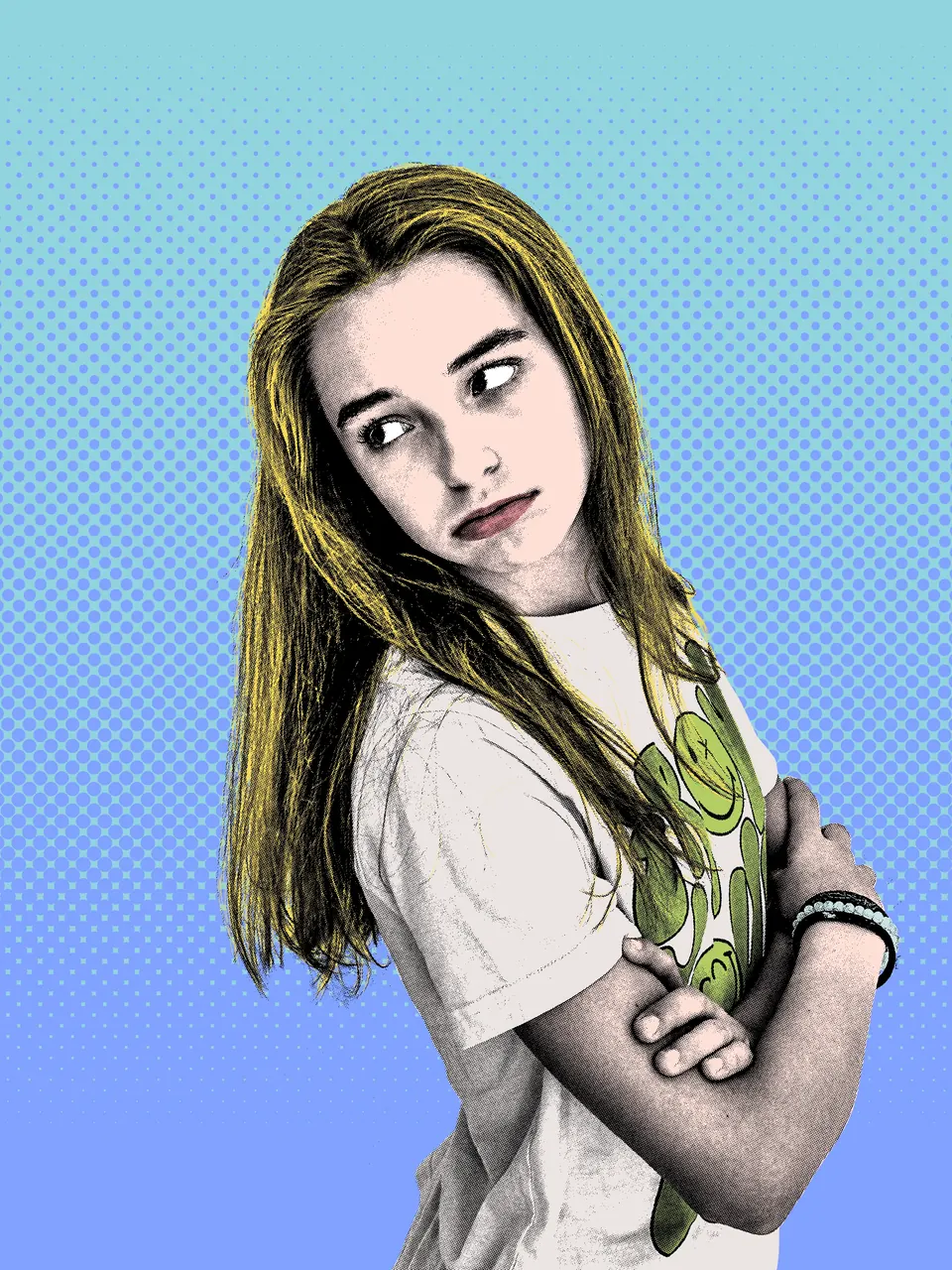 Manon Maindivide portrait in pop art comic style, arms crossed on a blue halftone background